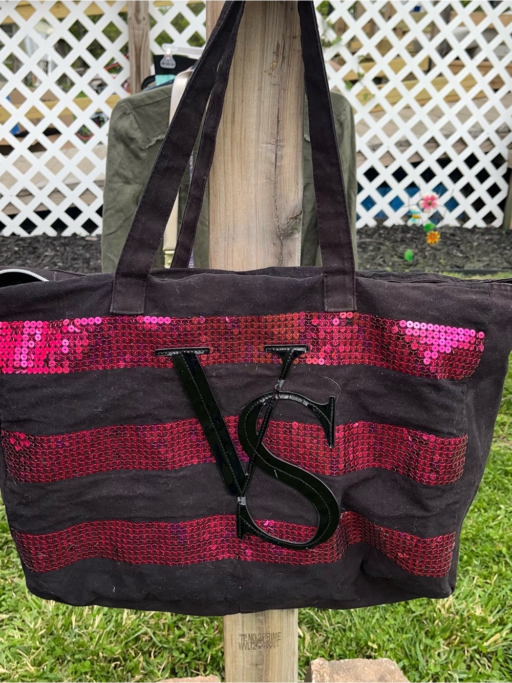Victoria's Secret Black Tote with Hot Pink Sequin Stripes